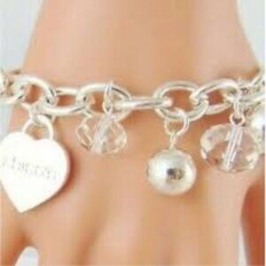 Chicos Silvertone Ball and Crystal Beaded Link Toggle Clasp Bracelet